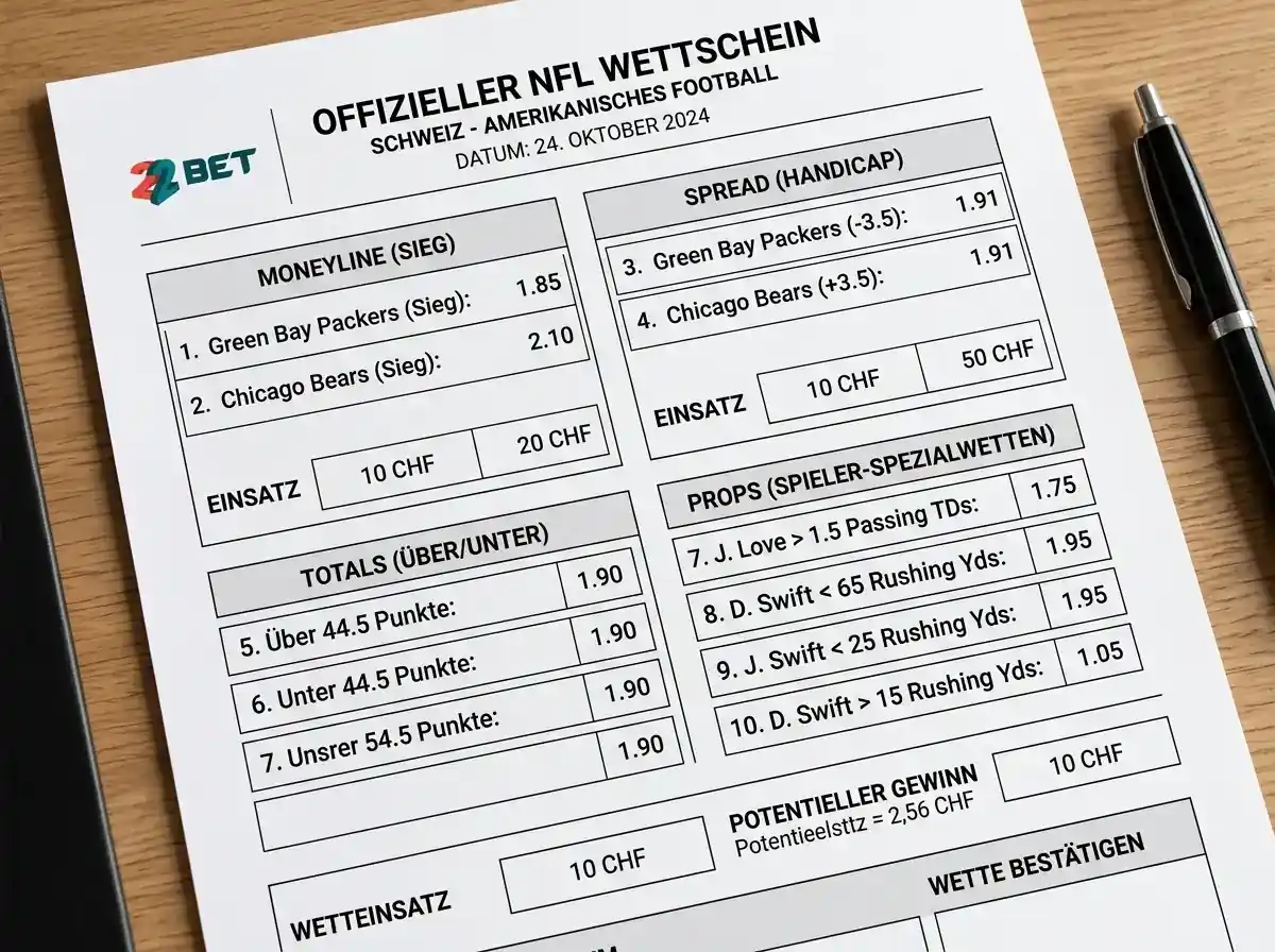 22Bet NFL Wettmärkte im Überblick – Moneyline, Spread, Props und Parlay für Schweizer Nutzer