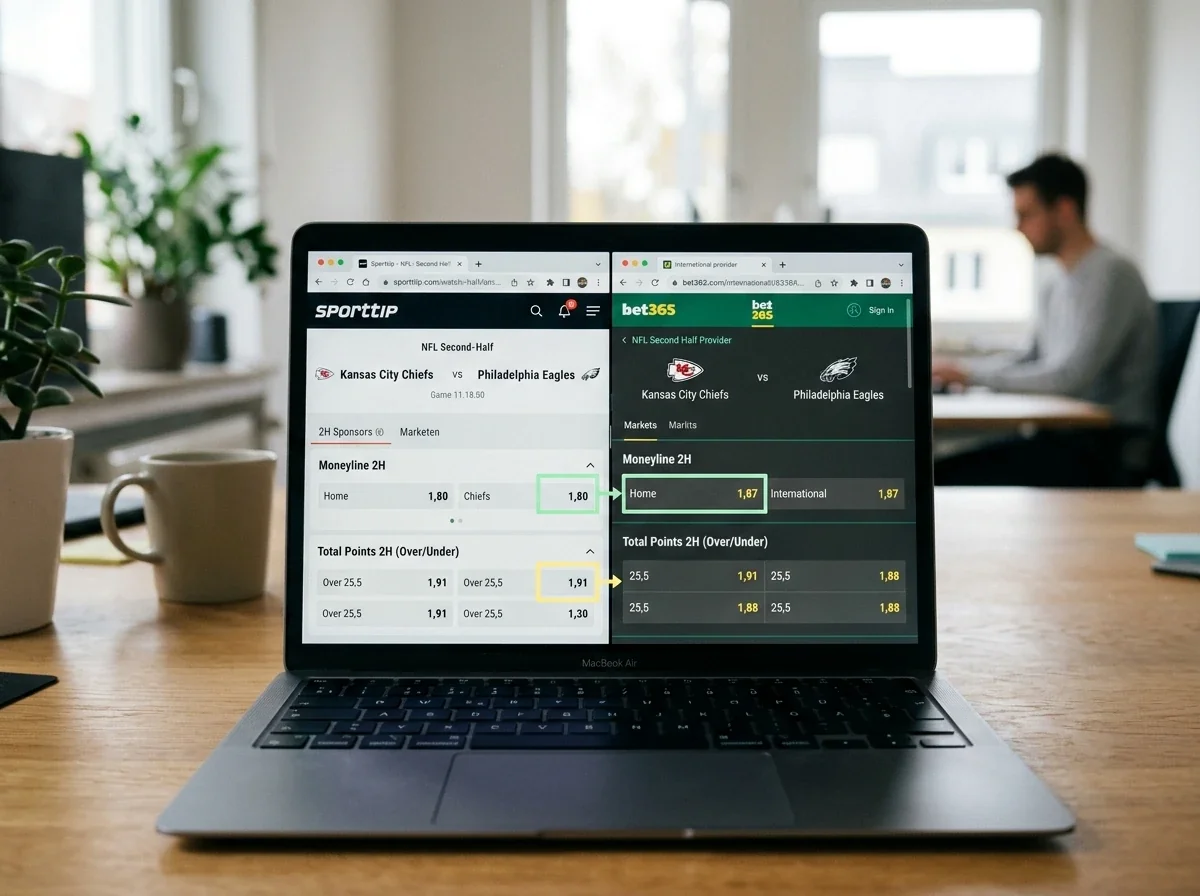 Vergleich von NFL Halbzeitquoten verschiedener Buchmacher auf einem Laptop zeigt Unterschiede bei Second Half Over/Under