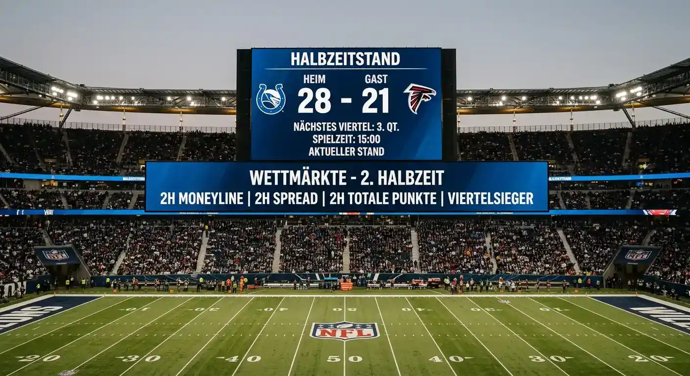 NFL-Spielfeld in der Halbzeitpause mit Anzeigetafel zeigt Zwischenstand und Halbzeitwetten-Optionen für American Football