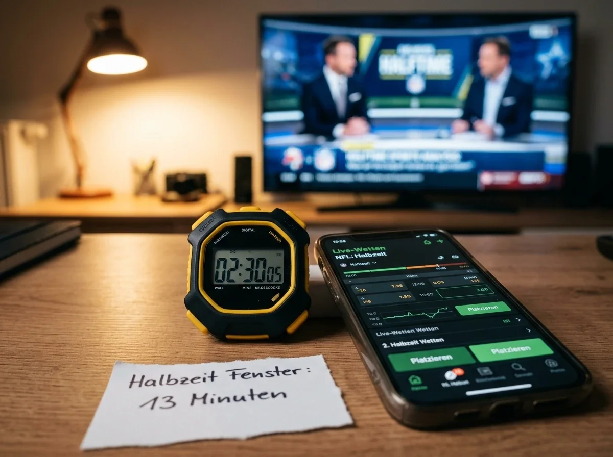 Stoppuhr zeigt kurze Zeitspanne der NFL Halbzeitpause neben einem Smartphone mit Live-Wett-Interface für Halbzeitwetten