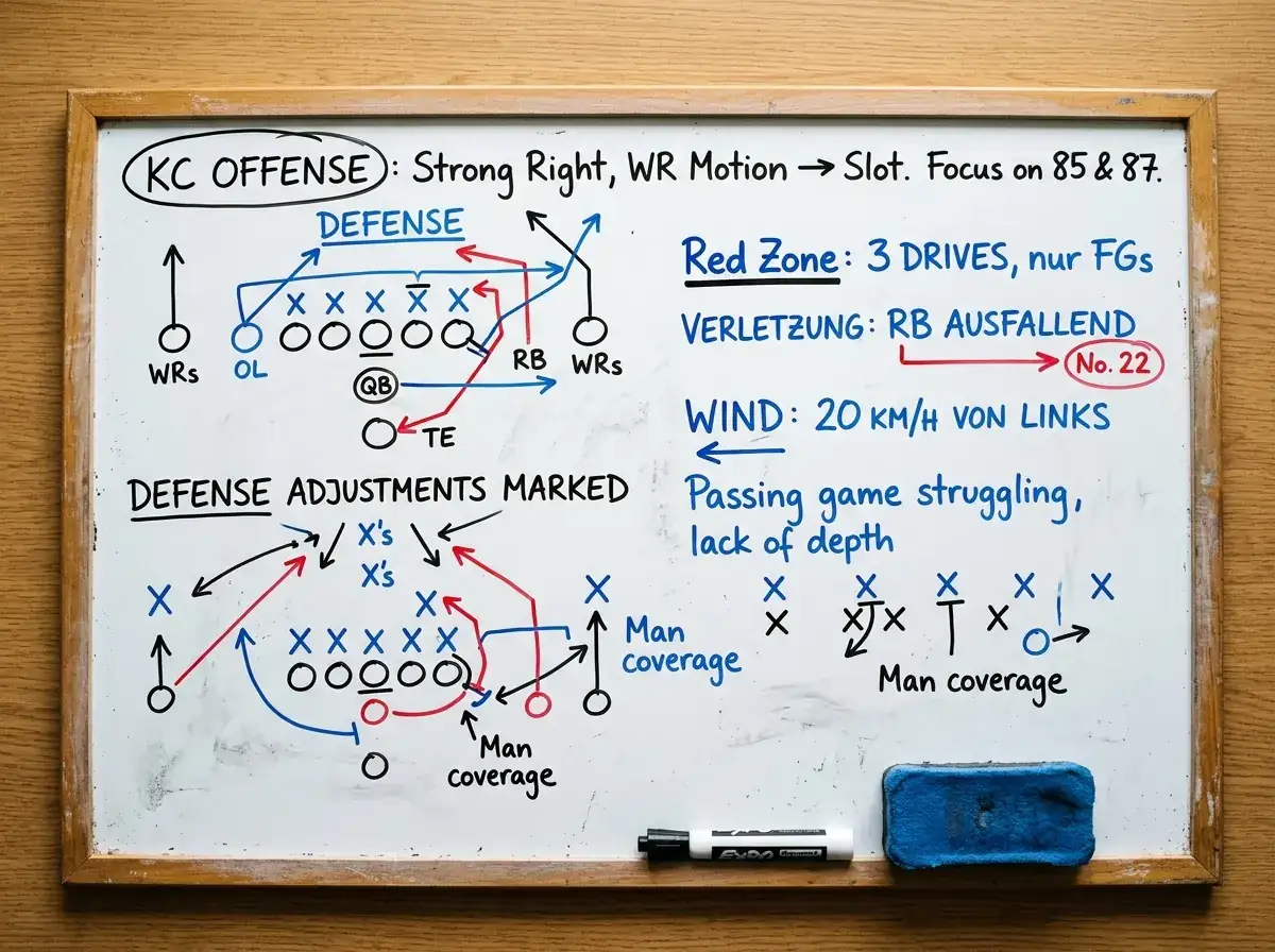 Taktikbrett mit NFL-Spielaufstellung zeigt strategische Überlegungen für Halbzeitwetten basierend auf erstem Spielviertel