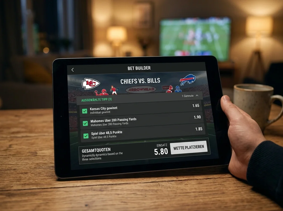 NFL Bet Builder Interface zeigt Auswahl von Touchdown Scorer, Spread und Over/Under im selben Spiel auf einem Tablet