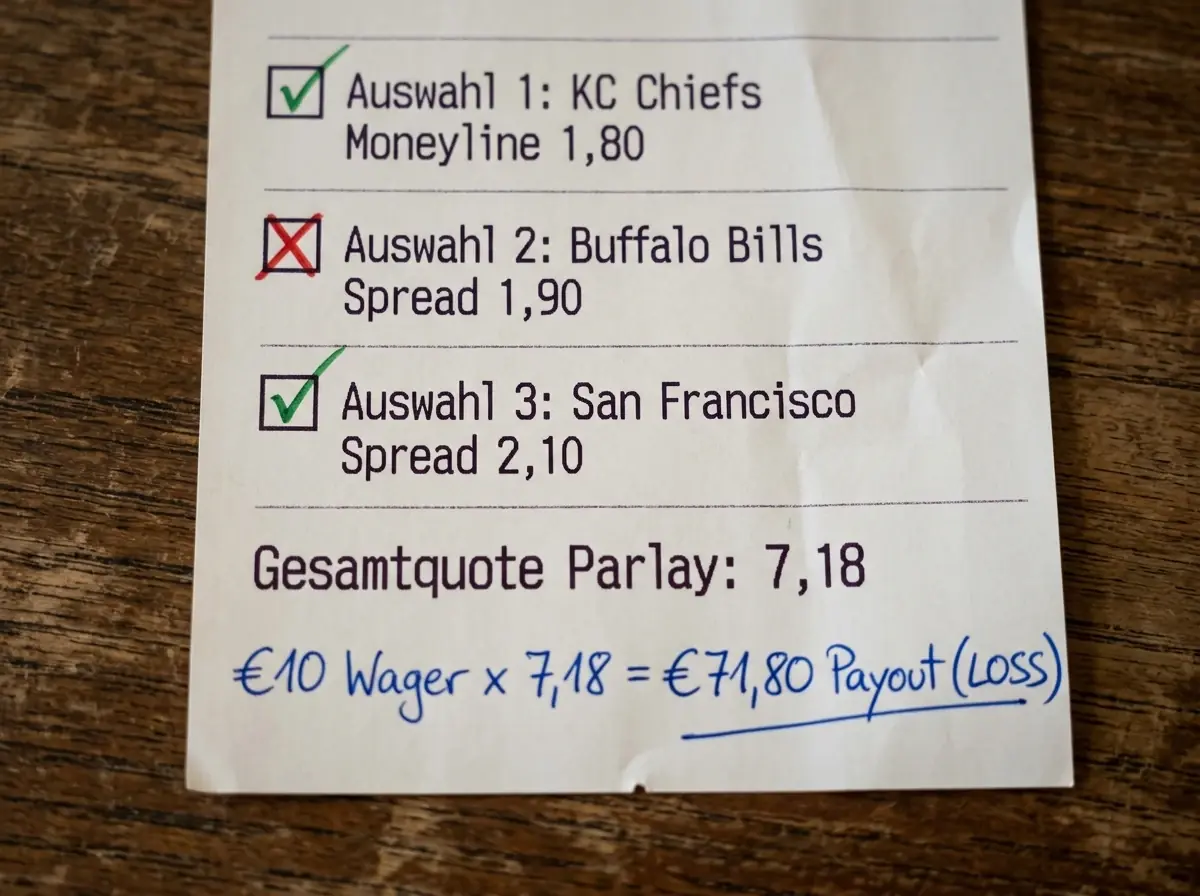 Wettschein einer NFL Kombiwette mit drei Selektionen zeigt Einzelquoten und resultierende Gesamtquote des Parlays