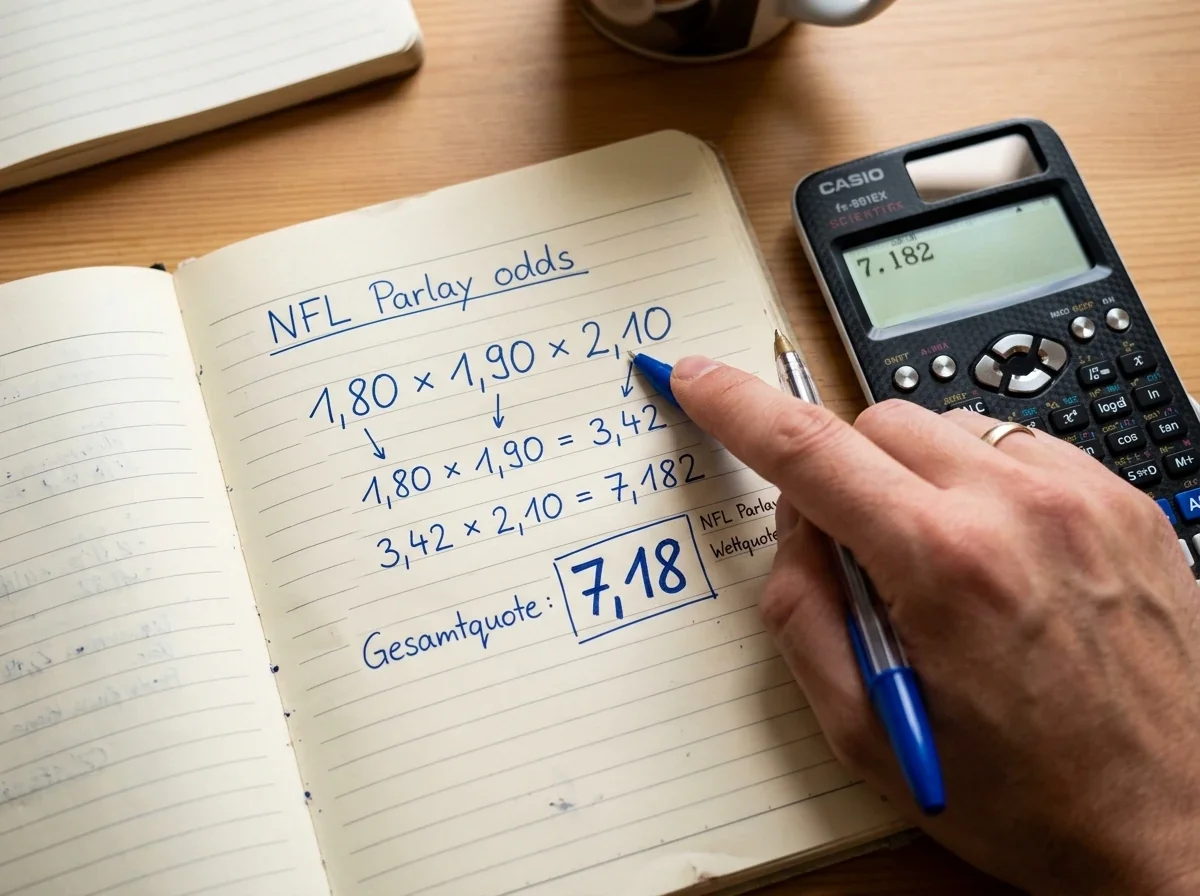 Mathematische Berechnung der NFL Parlay Gesamtquote durch Multiplikation dreier Einzelquoten auf einem Notizbuch