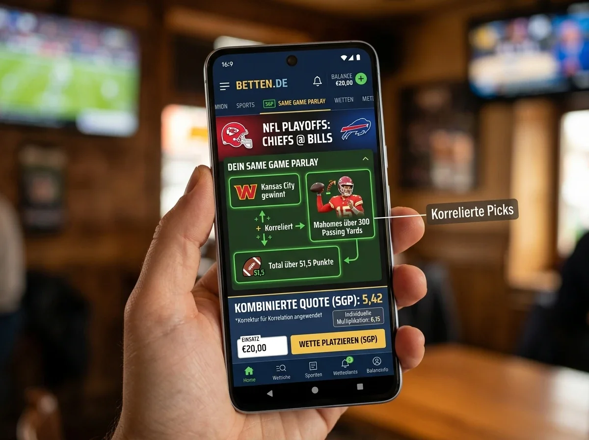 Same Game Parlay NFL auf einer Sportwetten-App zeigt korrelierte Selektionen aus einem einzigen Spiel mit Gesamtquote