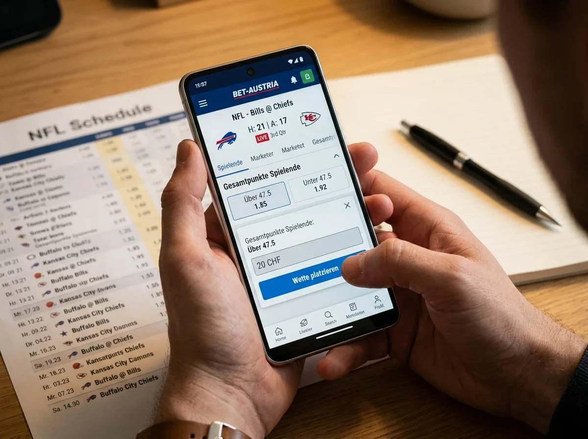 Schweizer Sportwetten-Nutzer platziert Over/Under NFL Totals-Wette auf dem Smartphone kurz vor Spielbeginn