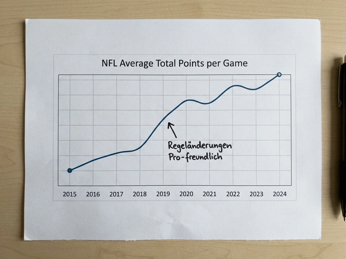 Diagramm zeigt historische NFL Durchschnittspunktzahlen pro Spiel über mehrere Saisons mit steigendem Trend