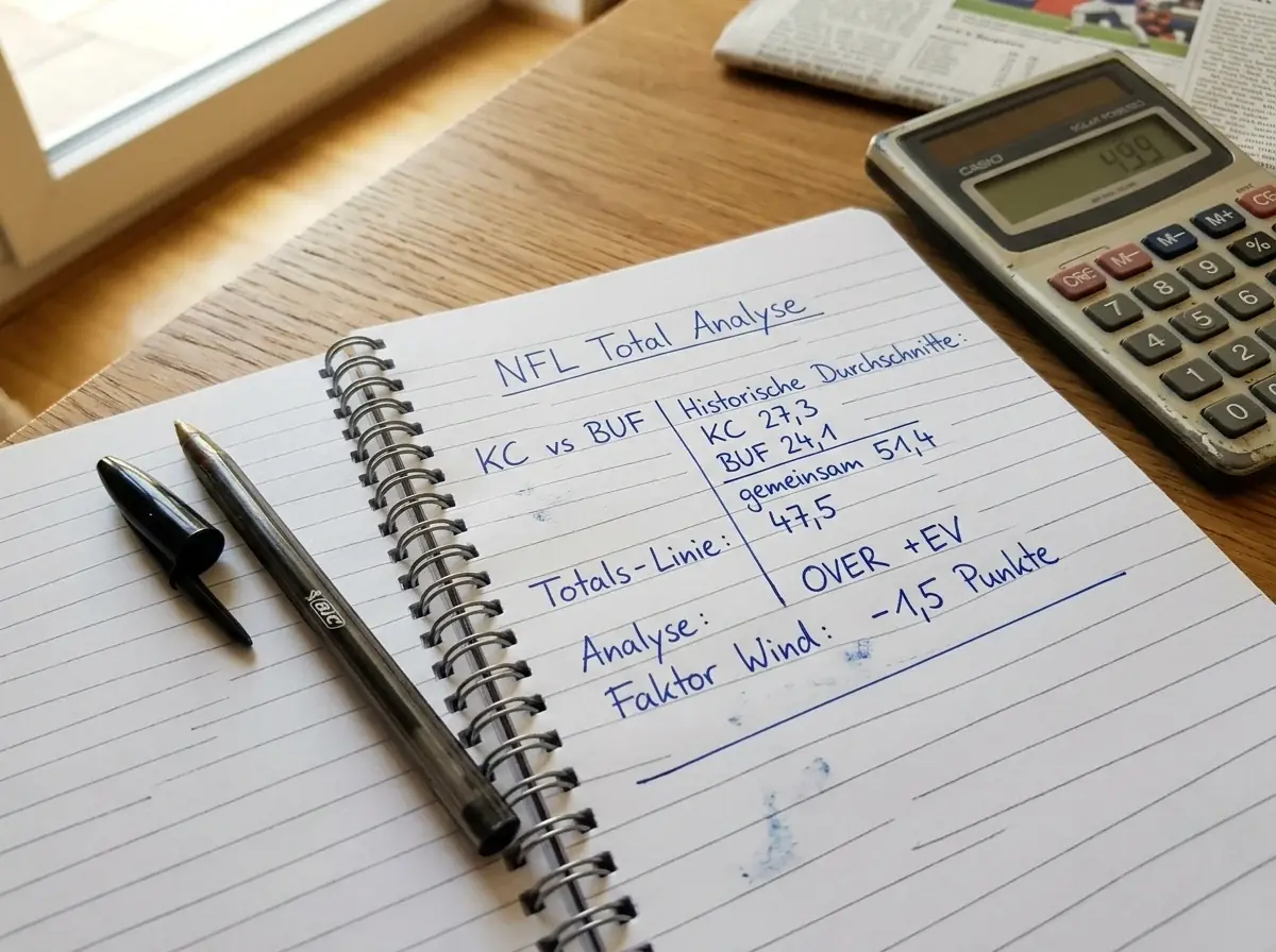 Wett-Strategie-Notizbuch mit NFL Over/Under Analyse zeigt Scoring-Vergleich und Linienentwicklung vor Spieltag