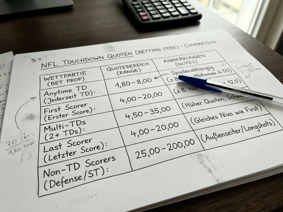 NFL Touchdown Wetten Quoten-Beispiele Schweiz – Anytime TD und First Scorer Quoten vergleichen