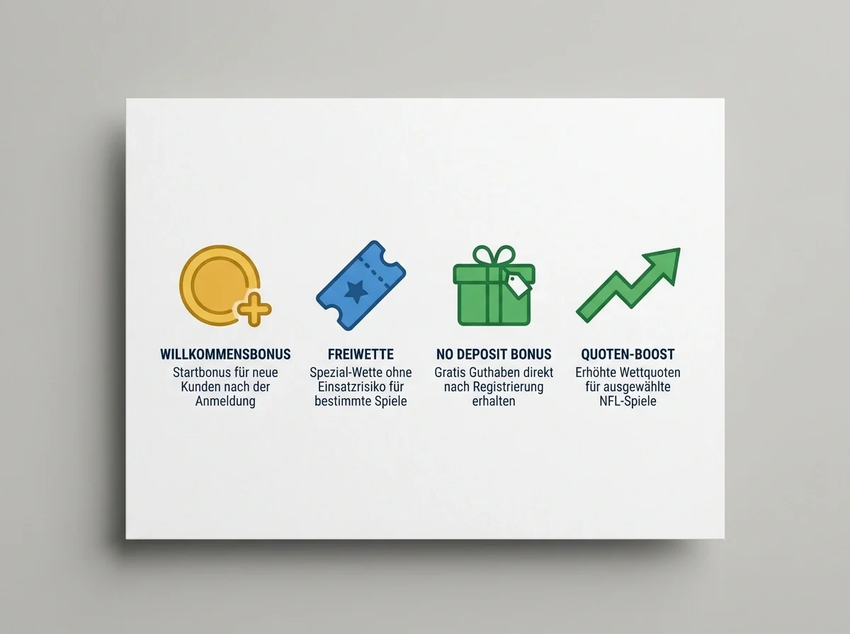 Übersicht verschiedener Bonustypen bei NFL Wettanbietern zeigt Freiwette, Einzahlungsbonus und Quoten-Boost auf einer Infografik