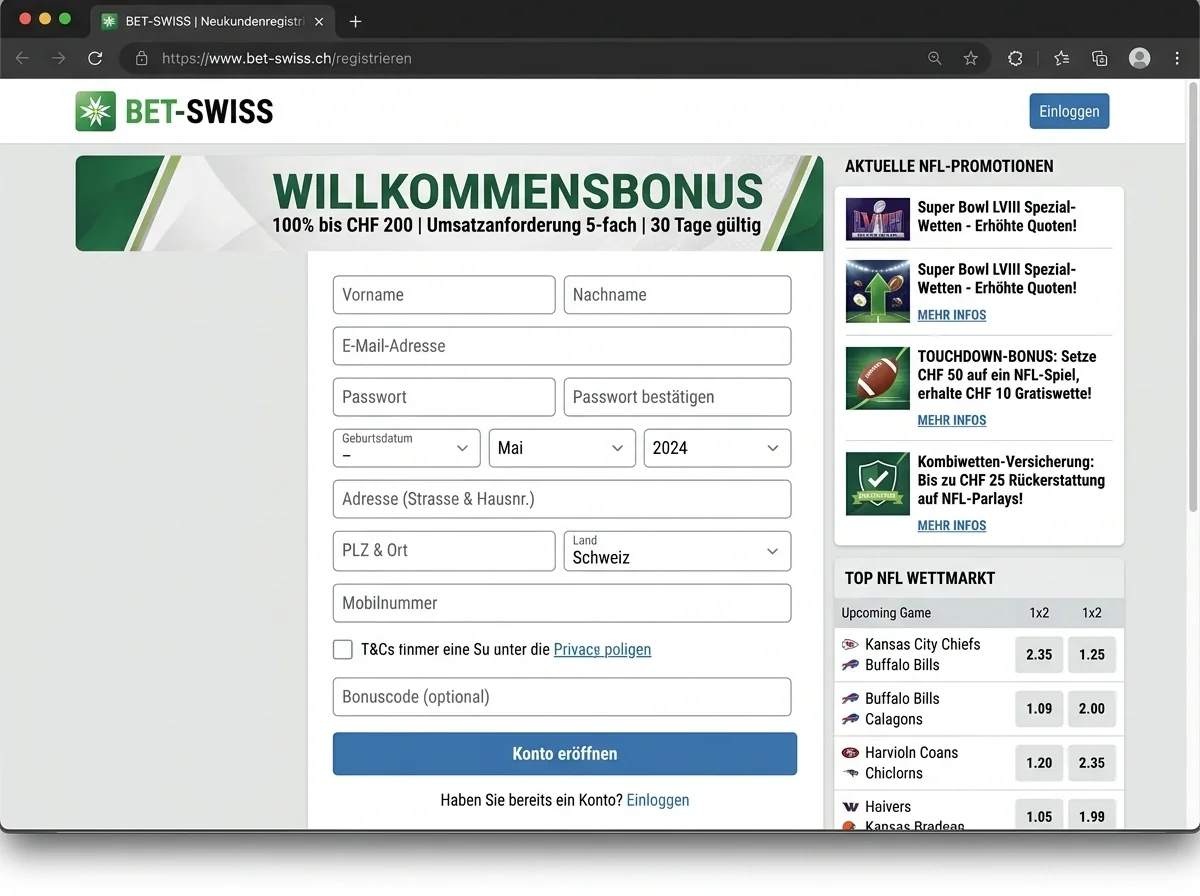 Willkommensbonus-Angebot eines NFL Wettanbieters auf der Registrierungsseite zeigt 100 Prozent bis 200 CHF Einzahlungsbonus