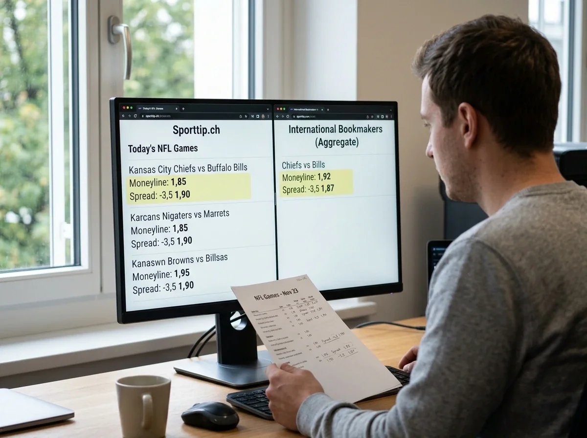 NFL-Quotenvergleich auf einem Computer-Monitor zeigt verschiedene Buchmacher-Quoten für ein Playoff-Spiel nebeneinander