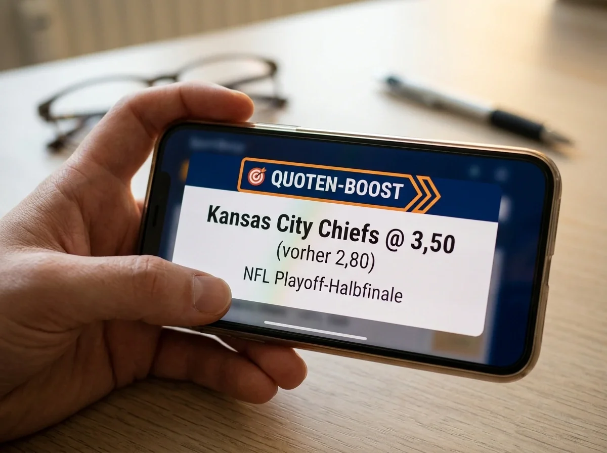Smartphone-Anzeige eines NFL Quoten-Boosts vor einem Playoff-Spiel zeigt erhöhte Wettquote mit Buchmachers Angebot